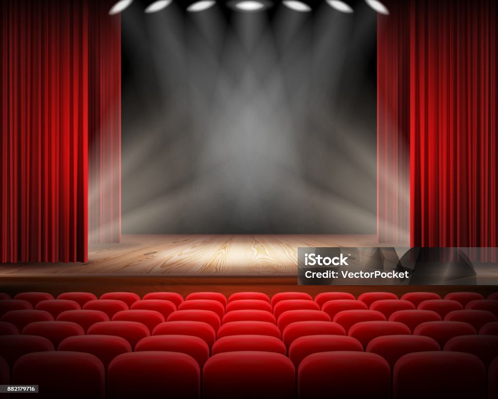 Red curtain and empty theatrical scene Open red curtain and empty illuminated theatrical scene realistic vector illustration. Grand opening concept, performance or event premiere poster, announcement banner template with theater stage Stage Theater stock vector