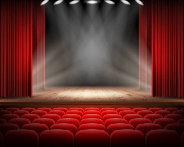 Red curtain and empty theatrical scene Open red curtain and empty illuminated theatrical scene realistic vector illustration. Grand opening concept, performance or event premiere poster, announcement banner template with theater stage curtain illustrations stock illustrations
