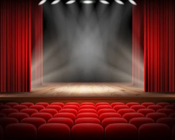 Vector illustration of Red curtain and empty theatrical scene
