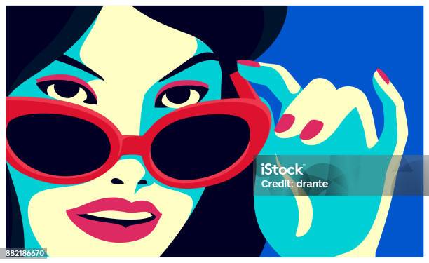 Cheeky Woman Peeking Over Sunglasses And Smiling Fashion Minimal Style Flat Design Vector Illustration Stock Illustration - Download Image Now