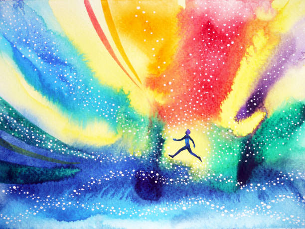 man running, flying in the colorful universe, watercolor painting hand drawn man running, flying in the colorful universe, watercolor painting hand drawn reiki stock illustrations