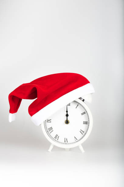istock White vintage alarm clock in Santa's hat 882193952