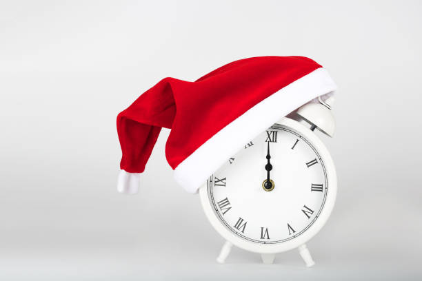istock White vintage alarm clock in Santa's hat 882193970