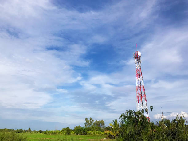 istock Tower of telephone pole, electronics transmitters with beautiful natural cloud and rural background. Telecommunications concept 882194346