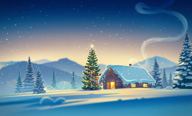 집과 크리스마스 트리 겨울 풍경 - wintry landscape flash stock illustrations