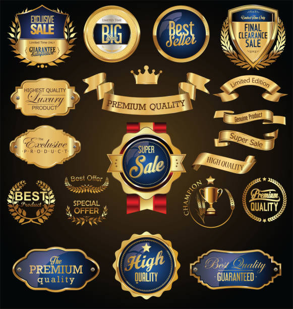 ilustrações de stock, clip art, desenhos animados e ícones de golden badges and labels with golden ribbon vector collection - frame circle scroll shape ornate