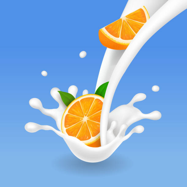ilustrações de stock, clip art, desenhos animados e ícones de orange fruits and milk splash. realistic vector - dairy farm liquid food and drink splashing