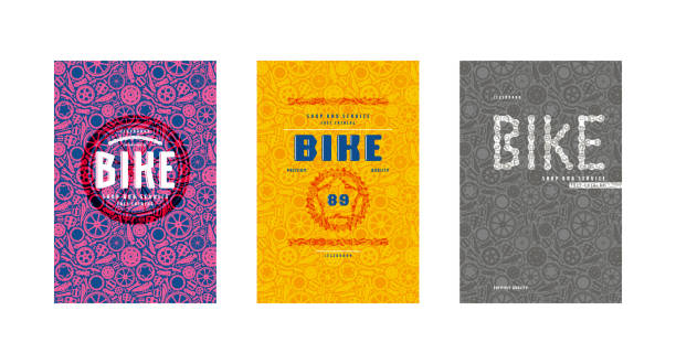 Covers design for bike shop catalog Covers design for bike shop catalog. Seamless pattern and emblems. Bright color print bicycle patterns stock illustrations