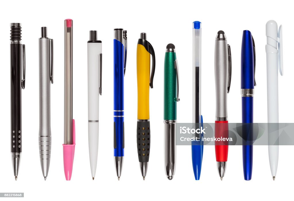 Set of Eleven Different Pens (clipping path) Pen Stock Photo