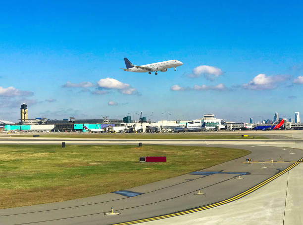 Plane taking off at CLT Airport with skyline in background
