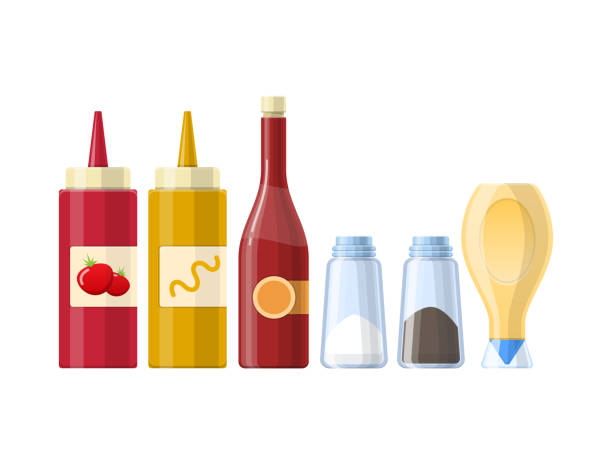 Set of sauces, spices and condiments, in different realistic bottles Set of sauces, spices, condiments ketchup, mustard, salt, black pepper, mayonnaise, butter, in beautiful realistic bottles, packages. Condiments and sauces for kitchen cooking Vector illustration sour face stock illustrations