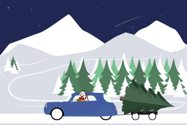 bildbanksillustrationer, clip art samt tecknat material och ikoner med snögubbe drev i en retro bil på en vinterväg. - winter wonderland