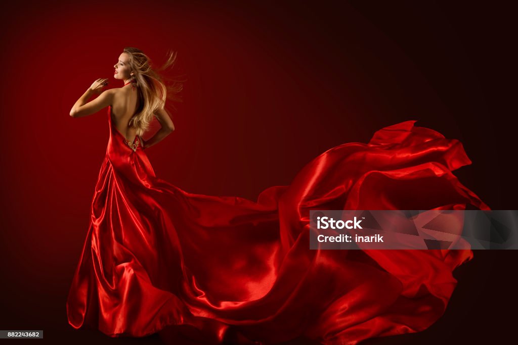 Fashion Model Dance in Red Dress, Happy Dancing Woman Flying Fluttering Fabric, Rear View Fashion Model Dance in Red Dress, Dancing Beautiful Woman, Flying Fluttering Fabric, Happy Girl Rear Back View Red Stock Photo