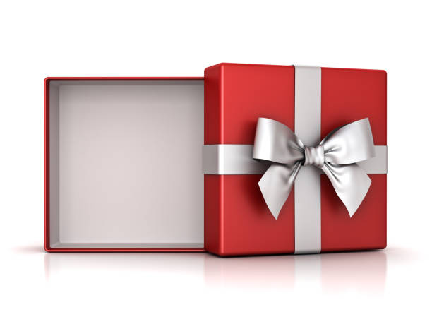 istock Open red gift box or present box with silver ribbon bow and empty space in the box isolated on white background with shadow and reflection 882246100