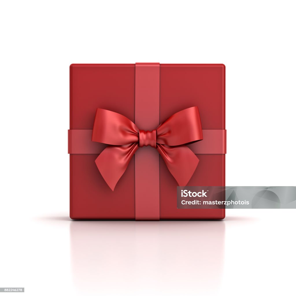 Boîte de cadeau rouge ou rouge présent avec ruban rouge bow isolé sur fond blanc avec ombre et réflexion - Photo de Cadeau libre de droits