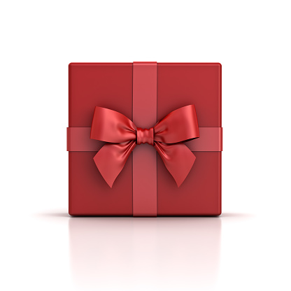 Red gift box or red present box with red ribbon bow isolated on white background with shadow and reflection . 3D rendering.