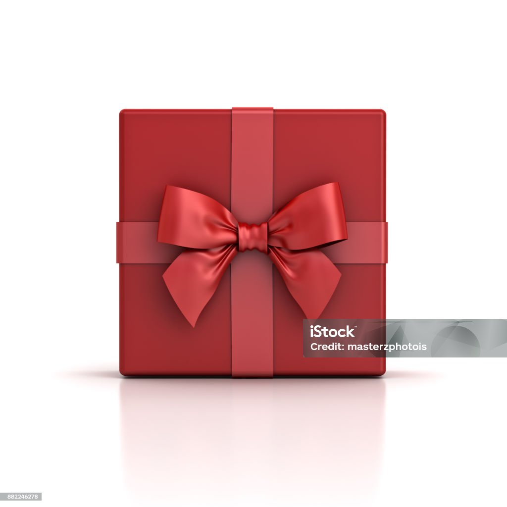 Red gift box or red present box with red ribbon bow isolated on white background with shadow and reflection Red gift box or red present box with red ribbon bow isolated on white background with shadow and reflection . 3D rendering. Gift Stock Photo