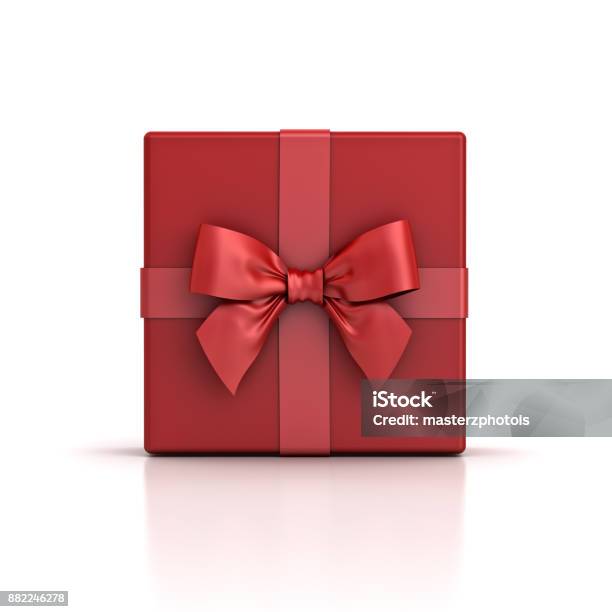 Red Gift Box Or Red Present Box With Red Ribbon Bow Isolated On White Background With Shadow And Reflection Stock Photo - Download Image Now