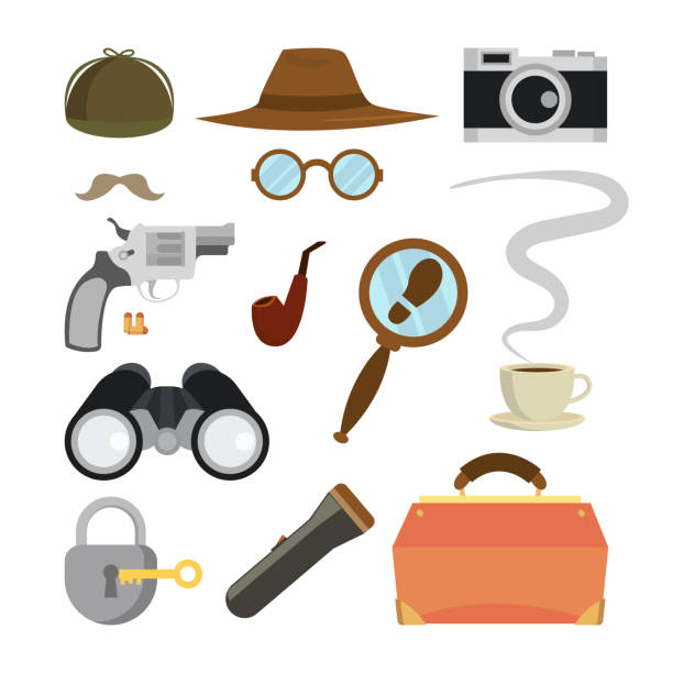 Detective Items Set Vector. Tec Agent Accessories. Hat, Glasses, Mustache, Tobacco, Camera, Magnifying Glass, Lock, Key, Flashlight, Binoculars, Bag, Gun, Bullets. Isolated Flat Cartoon Illustration Detective Items Set Vector. Tec Agent Accessories. Hat, Glasses, Mustache, Tobacco, Camera, Magnifying Glass, Lock Key Flashlight Binoculars Bag Gun Bullets Isolated gun laws stock illustrations