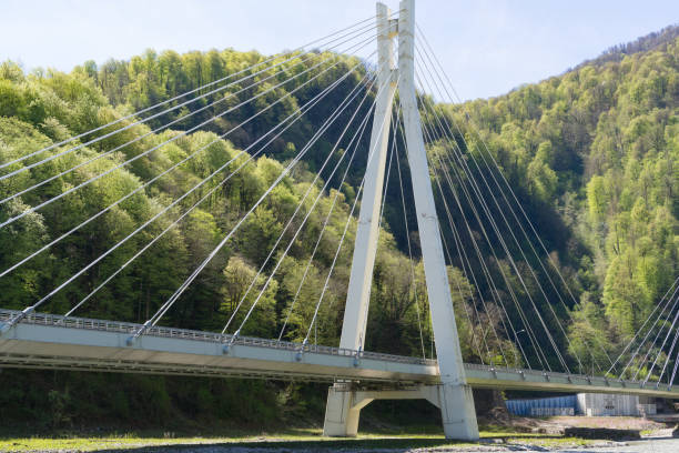 istock Suspension bridge across a stormy river 882249222