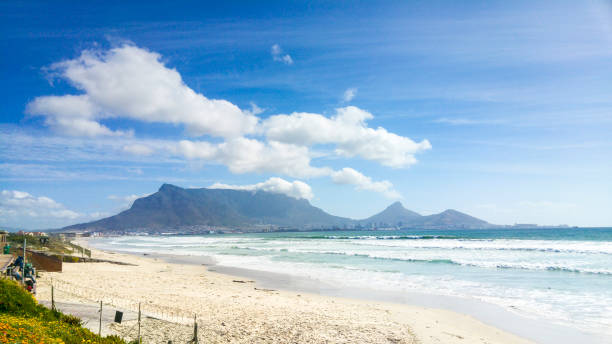 montanha da mesa, da praia de milnerton, cape town, áfrica do sul - milnerton - fotografias e filmes do acervo