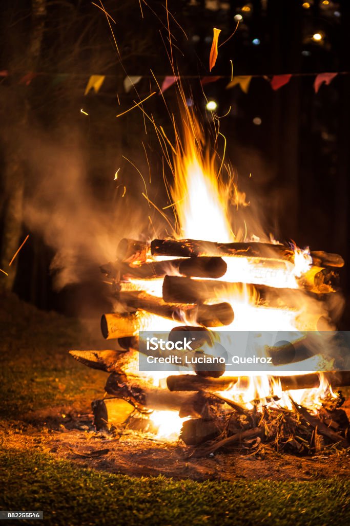 Campfire of traditional June festivities in countryside of Sao Paulo state - Brazil Bonfire Stock Photo