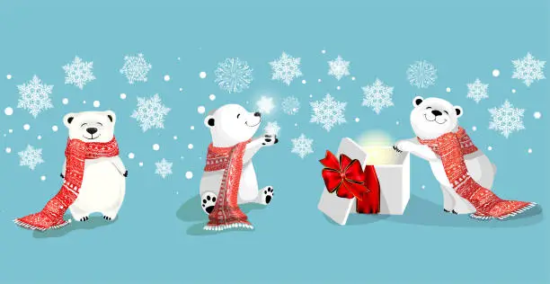 Vector illustration of set of little polar bears in different poses on blue background. Christmas concept.