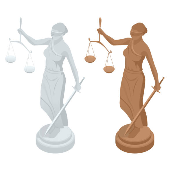 isometrische statue des gottes der gerechtigkeit themis oder femida mit waage und schwert. symbol für recht und gerechtigkeit. flache symbol vektor-illustration. - justitia stock-grafiken, -clipart, -cartoons und -symbole