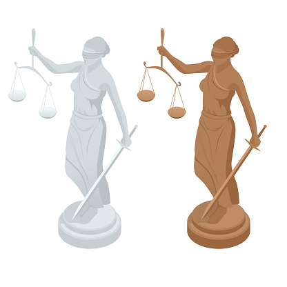 Isometric statue of god of justice Themis or Femida with scales and sword. Symbol of law and justice. Flat icon vector illustration