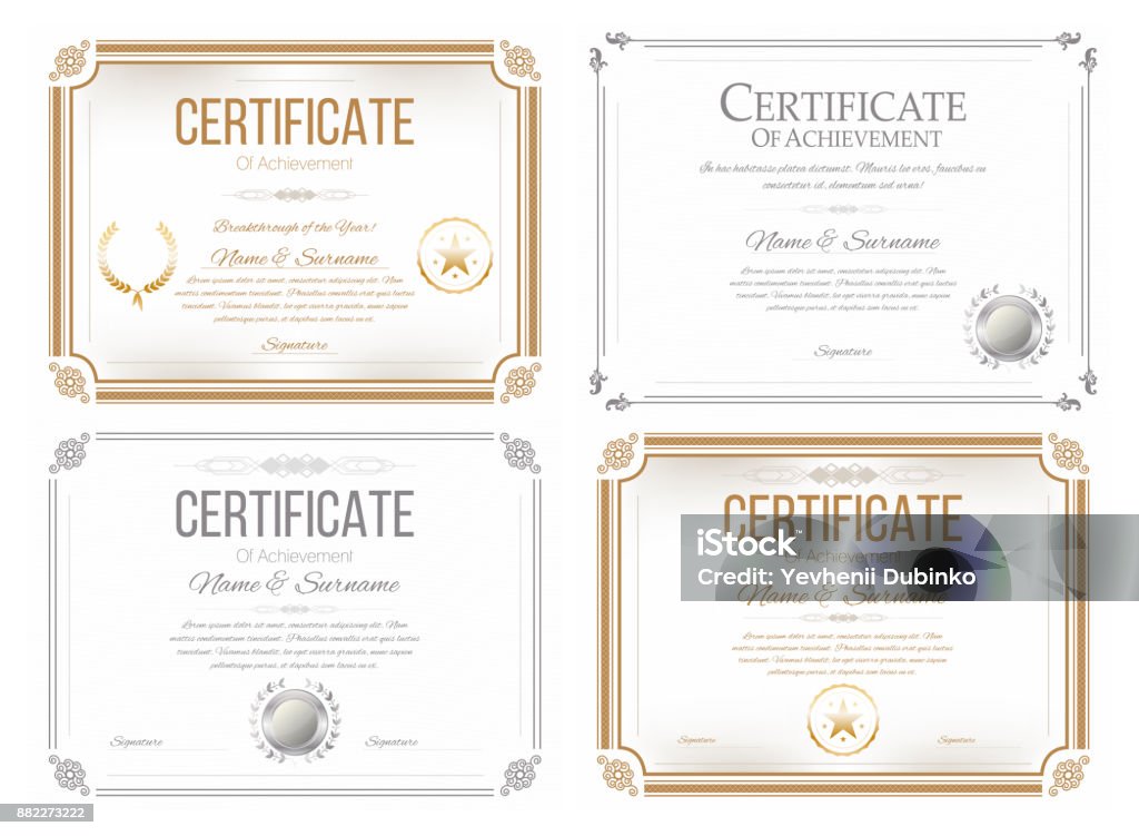 Set of certificates of appreciation. Award certificate, diploma template in retro style Set of certificates of appreciation. Award certificate, diploma template in retro style. Golden and silver blank templates. Vector Certificate stock vector