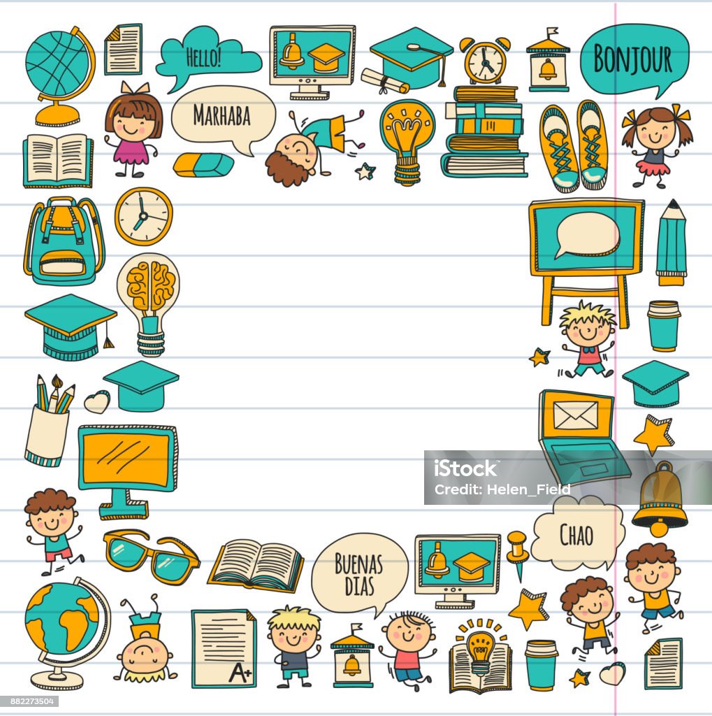 Taal school Kids, chidlren, jongens en meisjes. Gelukkig studenten leren van de Engelse, Spaanse, Duitse, Italiaanse, Arabische talen College, Universiteit, klassen kleuterschool taal spelen, studie vector iconen - Royalty-free 18-19 jaar vectorkunst