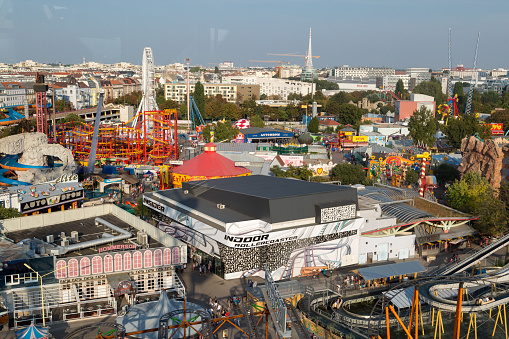 Vıenna: Air view from historic giant ferris wheel of Prater Park in Vienna. This is the oldest ferris wheel of Europe.