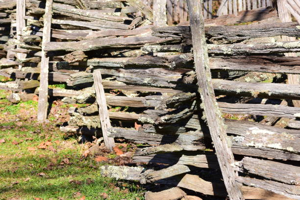 istock Looking down side of zigzaging lichen-covered split rail fence 882284760