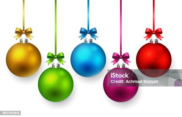 Colorful Christmas Ball And Ribbons Stock Illustration - Download Image Now - Christmas Ornament, Green Color, White Background