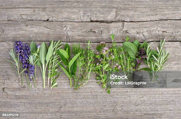 Fresh Herbs Wooden Kitchen Table Food Background Stock Photo - Download Image Now - Herbal Medicine, Herb, Nature