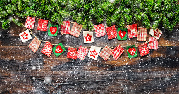 istock Christmas tree branches Advent calendar vintage snow 882291574