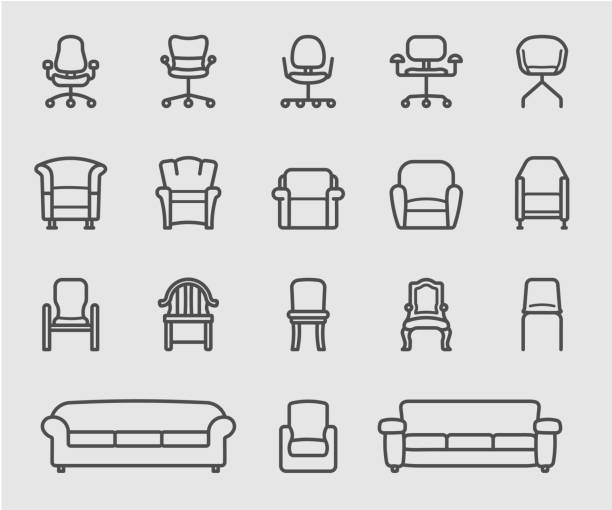 sessel und sofa der vorderansicht liniensymbol - sofa stock-grafiken, -clipart, -cartoons und -symbole