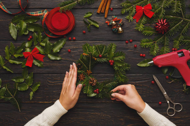istock Prepare for xmas, creative craft wreath. Making christmas symbol 882295650