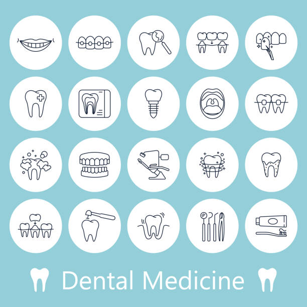 зубы, стоматология медицинской линии иконы. - dentist office stock illustrations
