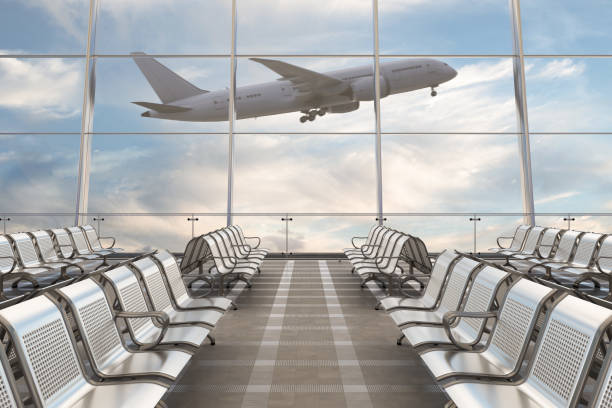Empty airport departure lounge with airplane Empty airport departure lounge with airplane on background. 3d illustration airport terminal stock pictures, royalty-free photos & images