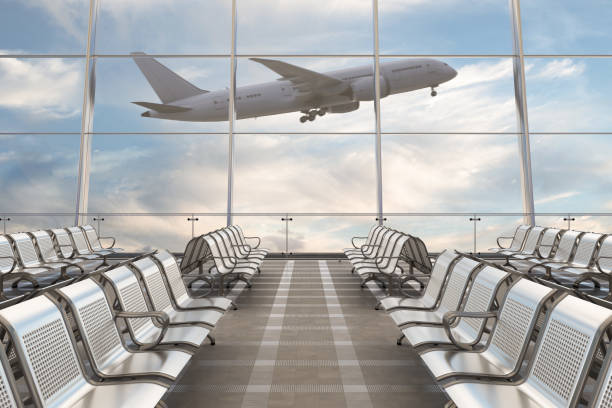 Empty airport departure lounge with airplane Empty airport departure lounge with airplane on background. 3d illustration frequent flyer stock pictures, royalty-free photos & images