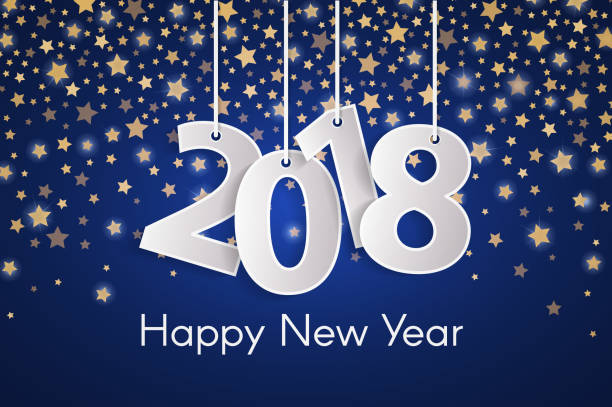 istock Blue Happy New Year 2018 greeting card concept with paper cuted white numbers on golden star fall background. Vector illustration 882303602