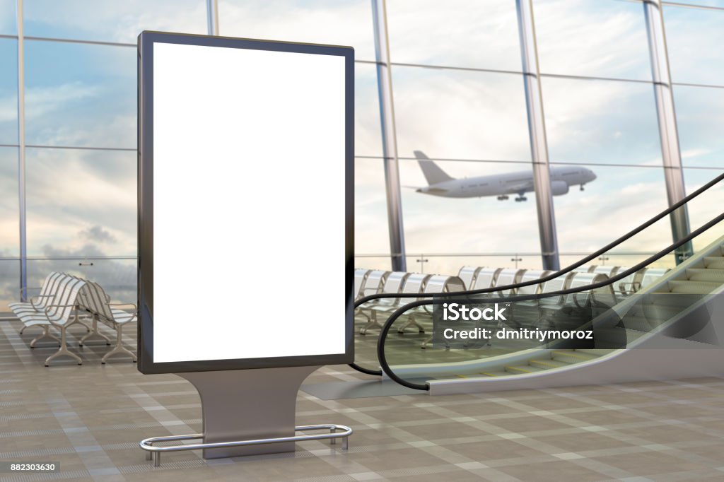 Airport departure lounge Airport departure lounge. Blank billboard stand and airplane on background. 3d illustration Airport Stock Photo