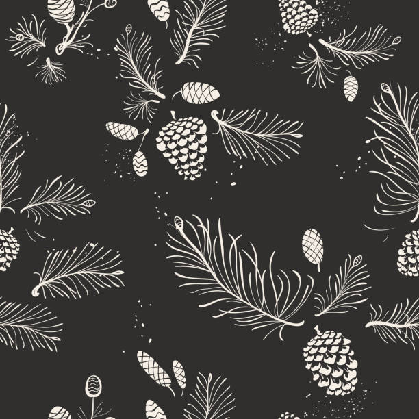 Seamless Christmas pattern with hand-drawn needles twigs - pine, spruce and cones.