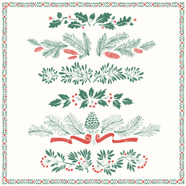 Christmas Floral Ornaments with Frame Decorative floral dividers and borders with mistletoe leaves, fir branches and twigs. christmas border stock illustrations