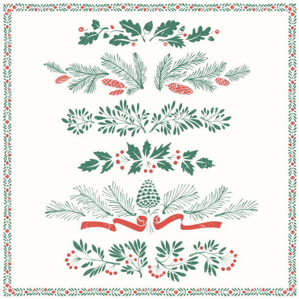 Christmas Floral Ornaments with Frame Decorative floral dividers and borders with mistletoe leaves, fir branches and twigs. frame outline silhouette stock illustrations