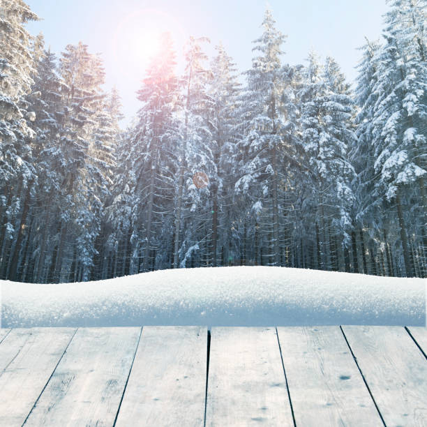 istock Winter background with snow-covered pine trees behind empty wooden planks 882307252