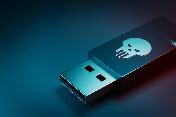 usb-stick mit totenkopf-symbol - 3d render - usb stock-fotos und bilder