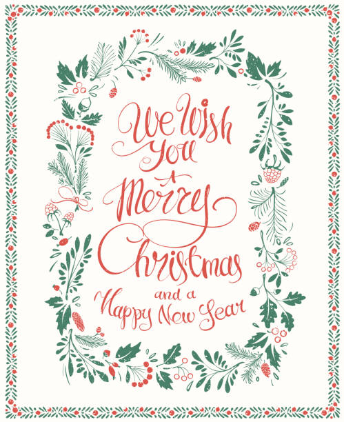 Christmas Greeting Card with Lettering Hand-drawn Christmas greeting card with floral frames and lettering. vector food branch twig stock illustrations