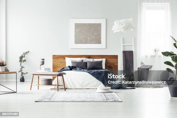 Spacious Bedroom With Silver Painting Stock Photo - Download Image Now - Bedroom, Painting - Art Product, Design